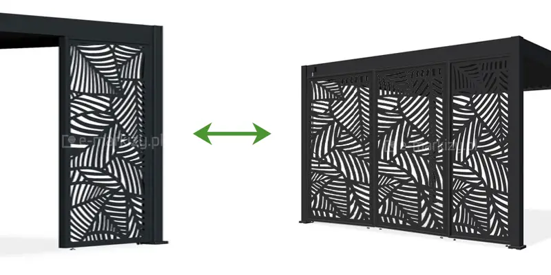 Grafika przedstawia system paneli dekoracyjnych przeznaczonych do zabudowy bocznej pergoli tarasowej Marlo w kolorze antracytowym. Na obrazie zaprezentowano dwa warianty ustawienia paneli: po lewej stronie widoczny jest pojedynczy panel zamontowany na prowadnicy przy słupie konstrukcyjnym, natomiast po prawej stronie ukazano pełną zabudowę boku pergoli składającą się z trzech identycznych paneli ustawionych obok siebie. Panele posiadają nowoczesny, ażurowy wzór wycinany laserowo, który przypomina gęsto ułożone liście palmy lub monstery z wyraźnym unerwieniem. Całość konstrukcji wykonana jest z aluminium lub stali malowanej proszkowo na matowy, ciemnoszary kolor. Pomiędzy obiema wizualizacjami umieszczono zieloną, dwustronną strzałkę poziomą.