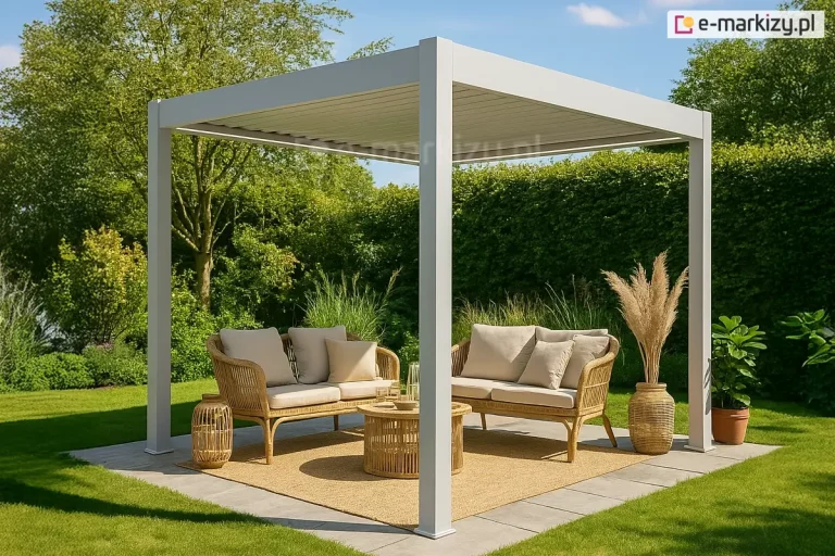 Zdjęcie przedstawia białą, wolnostojącą pergolę lamelową o wymiarach 300 na 300 centymetrów, ustawioną na nowoczesnym tarasie wyłożonym szarymi płytami gresowymi. Aluminiowa konstrukcja wspiera się na czterech narożnych słupach o kwadratowym przekroju, a jej zadaszenie stanowią ruchome lamele dachowe ustawione w pozycji całkowicie zamkniętej. Pod pergolą zaaranżowano strefę wypoczynkową z meblami wykonanymi z jasnego rattanu, składającą się z dwóch sof z kremowymi poduszkami oraz okrągłego stolika kawowego ustawionego na jutowym dywanie. Przestrzeń dekorują dodatki w stylu boho, takie jak wysokie trawy pampasowe w plecionym wazonie, bambusowa latarnia oraz rośliny doniczkowe. W tle widoczny jest zadbany ogród z soczyście zielonym trawnikiem oraz wysokim, gęstym żywopłotem i drzewami liściastymi pod bezchmurnym, błękitnym niebem.