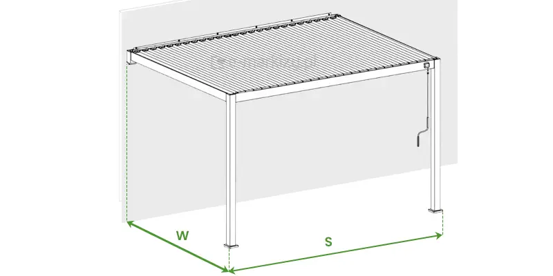 Pergola Gloria przyścienna pomiar szerokości i wysięgu przedstawiony na rysunkowym schemacie osłony zamocowanej do ściany o jasnoszarym kolorze, z widoczną od frontu korbą do sterowania kątem pochylenia lameli. Od skraju frontowych podpór poprowadzono przerywane linie, pomiędzy którymi umieszczono zieloną dwukierunkową strzałkę, a nad nią symbol S. Po lewej stronie pergoli, od skraju mocowania do ściany oraz zewnętrznej krawędzi mocowania podpory do podłoża poprowadzono w dół przerywane linie, pomiędzy którymi umieszczono dwukierunkową strzałkę w zielonym kolorze, a nad nią symbol W.