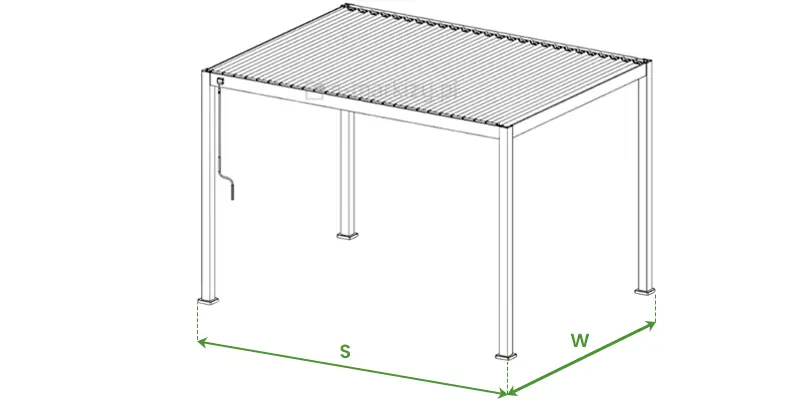 Pergola Gloria wolnostojąca pomiar szerokości i wysięgu ukazany na schematycznym rysunku pergoli na białym tle. Pośrodku, pod pergolą, od skrajów mocowań podpór do podłoża poprowadzono przerywane linie, pomiędzy którymi umieszczono zieloną dwukierunkową strzałkę, a nad nią symbol S. Po prawej stronie pergoli, od skraju mocowań podpór do podłoża poprowadzono w dół przerywane linie, pomiędzy którymi umieszczono zieloną dwukierunkową strzałkę, a nad nią symbol W.