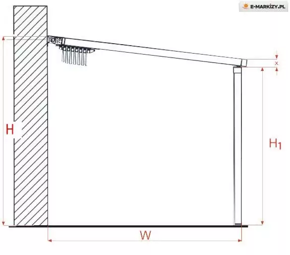 Rysunek techniczny przedstawia schematyczny przekrój boczny konstrukcji, jaką jest pergola Simple, zamontowanej do pionowej ściany budynku. Na białym tle widoczny jest czarny szkic liniowy z czerwonymi oznaczeniami kluczowych wymiarów. Ściana, do której przytwierdzona jest pergola, została zaznaczona gęstym, ukośnym kreskowaniem. Od ściany odchodzi pod lekkim kątem nachylenia prowadnica dachowa, wsparta na końcu przez pionowy słup nośny. Pod prowadnicą, przy samej ścianie, widoczny jest mechanizm rzymski z charakterystycznie pofałdowaną, złożoną tkaniną dachową. Schemat zawiera następujące oznaczenia wymiarowe: wielka litera H określa całkowitą wysokość montażową na ścianie, wielka litera W wyznacza wysięg konstrukcji liczony od ściany do krawędzi zewnętrznej słupa, natomiast symbol H1 definiuje wysokość słupa przedniego. Dodatkowo, przy górnej krawędzi słupa zaznaczono małą literę x, określającą wysokość profilu ramy. Czerwone strzałki pomocnicze precyzyjnie wskazują punkty graniczne dla każdego z parametrów, co pozwala na właściwe dopasowanie pergoli Simple do warunków zabudowy.
