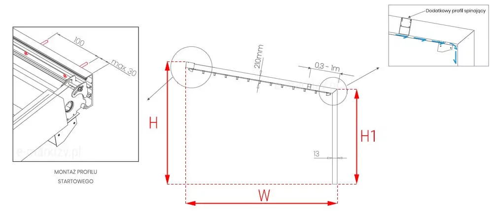 Grafika techniczna przedstawia szczegółowy schemat konstrukcyjny i wymiarowy produktu pergola Light, ukazany w rzucie bocznym oraz na zbliżeniach detali montażowych. Główny rysunek w centrum pokazuje profil boczny pergoli montowanej do ściany, gdzie wysokość montażu przy ścianie oznaczona jest czerwoną strzałką i literą H, natomiast wysokość przednich podpór pionowych literą H1. Wymiar wysięgu konstrukcji określa czerwona linia z literą W. Na pochyłej prowadnicy zaznaczono wysokość kasety wynoszącą 210 mm oraz rozstaw poprzeczek poszycia w przedziale od 0,3 do 1 metra. Po lewej stronie znajduje się powiększony rysunek techniczny z podpisem MONTAŻ PROFILU STARTOWEGO, który obrazuje mechanizm mocowania prowadnicy do uchwytu ściennego wraz z naniesionymi wymiarami montażowymi 100 oraz max 30. Po prawej stronie u góry umieszczono dodatkowy schemat detalu opisanego jako Dodatkowy profil spinający, wskazujący na sposób łączenia elementów konstrukcyjnych z zaznaczonym strzałkami kierunkiem odprowadzania wody lub przebiegu profilu. Cały schemat pergola Light jest wykonany w formie czarno-białego rysunku technicznego z czerwonymi akcentami oznaczającymi kluczowe wymiary gabarytowe, co pozwala na precyzyjne zaplanowanie montażu systemu na tarasie lub elewacji.