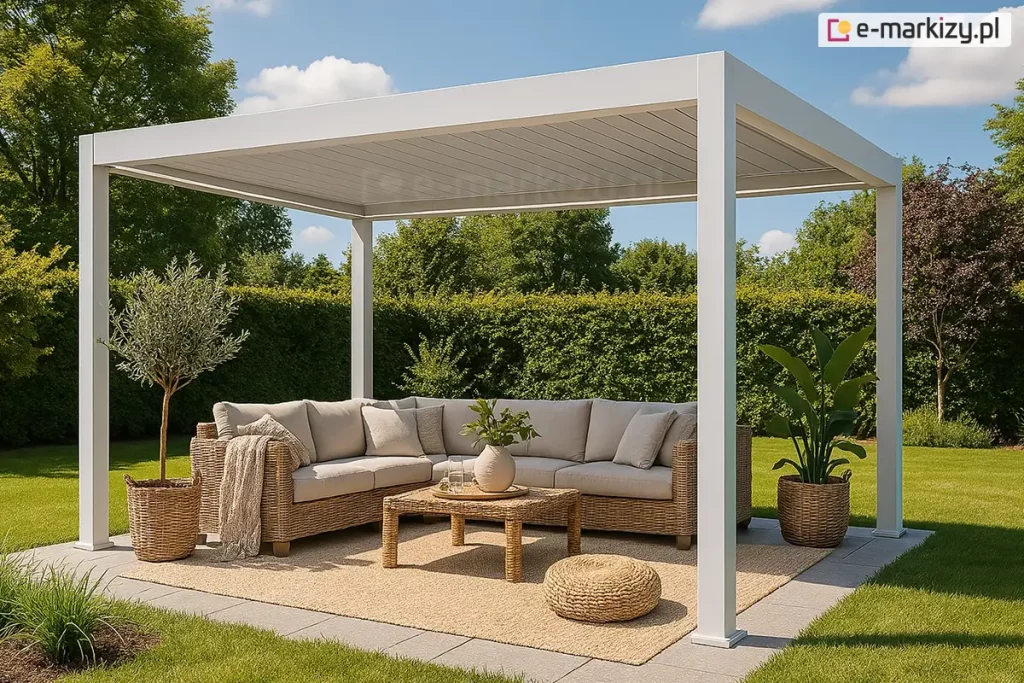 Nowoczesna, wolnostojąca pergola ogrodowa Marlo o wymiarach 4 na 3 metry w kolorze białym, ustawiona na tarasie z jasnoszarych płyt gresowych. Konstrukcja o minimalistycznym designie opiera się na czterech kwadratowych słupach, a jej dach tworzą ruchome lamele aluminiowe, które w tym ujęciu są całkowicie zamknięte. Pod zadaszeniem zaaranżowano przytulną strefę wypoczynkową z dużym narożnikiem z technorattanu w kolorze naturalnego beżu, uzupełnionym o jasne poduszki i pled. W centrum znajduje się niski, prostokątny stolik kawowy oraz pleciony puf. Przestrzeń wypoczynkową wyznacza patio z płyt gresowych, przykryte częściowo plecionym dywanem. Dekorację przestrzeni stanowią rośliny w wiklinowych donicach: drzewko oliwne po lewej stronie oraz strelicja po prawej. Tło aranżacji tworzy gęsty, wysoki żywopłot oraz zadbany trawnik, co podkreśla prywatny i rekreacyjny charakter miejsca.