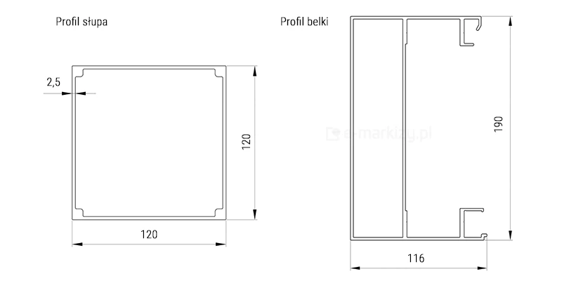 PERGOLA SB450 – Przekroje elementów pergoli