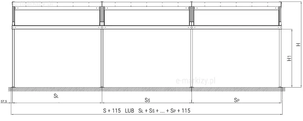 Rysunek techniczny przedstawiający przekrój poprzeczny konstrukcji nośnej dla systemu pergoli przyściennej Solid w modułach, opartej na czterech pionowych słupach podpierających poziome profile konstrukcyjne. Na schemacie widoczna jest rama składająca się z trzech przęseł o różnej szerokości, oznaczonych odpowiednio jako SL, SŚ oraz SP, które sumują się do całkowitej szerokości konstrukcji wynoszącej S plus 115 milimetrów, co odpowiada sumie poszczególnych przęseł powiększonej o dodatkowe 115 milimetrów. Pionowe elementy konstrukcyjne, czyli słupy, są osadzone na wspornikach przymocowanych do podłoża, natomiast w górnej części konstrukcji znajdują się poziome belki nośne oraz dodatkowe profile wzmacniające lub listwy maskujące, tworzące obwiednię zadaszenia. Po prawej stronie rysunku zaznaczono parametry wysokościowe, gdzie H oznacza całkowitą wysokość konstrukcji od poziomu podłoża do najwyższego punktu ramy, a H1 określa wysokość światła przejścia, mierzoną od podłoża do dolnej krawędzi poprzecznych belek konstrukcyjnych. Cały schemat jest zwymiarowany w sposób liniowy, pokazujący zależności matematyczne między szerokościami poszczególnych modułów a całkowitymi wymiarami systemu, co służy do precyzyjnego planowania montażu konstrukcji o zmiennej rozpiętości przęseł w zależności od wymagań projektowych oraz wymiarów przestrzeni tarasowej.