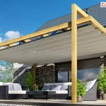 Pergola drewniana kolumnowa moza w naturalnym kolorze drewna świerkowego na tarasie przy domu o elewacji wykończonej cegłą. Zadaszenie osłania meble ogrodowe oraz rośliny doniczkowe na tarasie.