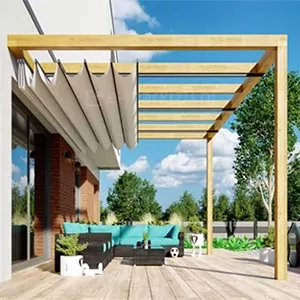 Pergola tarasowa Juko wykonana z drewna i montowana do ściany z belkami wewnętrznymi