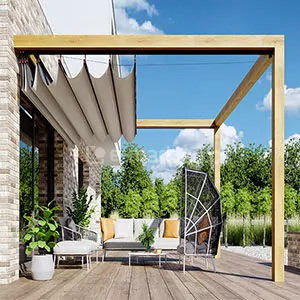 Pergola tarasowa Koro wykonana z drewna i montowana do ściany bez belek wewnętrznych