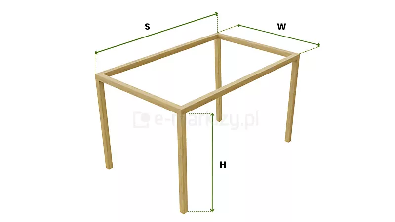 Rysunek techniczny w rzucie izometrycznym przedstawiający najprostszą wersję konstrukcyjną pergoli drewnianej Koro na białym tle. Grafika prezentuje minimalistyczny szkielet wykonany z jasnych belek drewnianych, oparty na czterech pionowych nogach rozmieszczonych w narożnikach. Na modelu naniesiono zielone linie pomocnicze z grotami strzałek oraz czarne oznaczenia literowe określające główne wymiary zewnętrzne obiektu. Litera S, umieszczona nad dłuższą krawędzią górnej ramy, definiuje szerokość pergoli. Litera W, znajdująca się przy krótszym boku, oznacza wysięg, czyli głębokość konstrukcji. Parametr wysokości podpory został oznaczony literą H, przypisaną do pionowej linii biegnącej wzdłuż jednego z przednich słupów wsporczych. Górna część konstrukcji to prosta rama bez dodatkowych belek wewnętrznych, co jest charakterystyczne dla wariantów o mniejszej szerokości. Wizualizacja służy jako czytelny schemat instruktażowy dla klientów, pozwalający na identyfikację kluczowych wymiarów potrzebnych do dopasowania produktu do przestrzeni tarasowej.