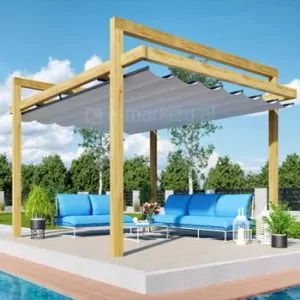 Pergola tarasowa Moza wykonana z drewna w wersji wspartej na czterech lub sześciu podporach z dwoma bramkami wystającymi ponad konstrukcję