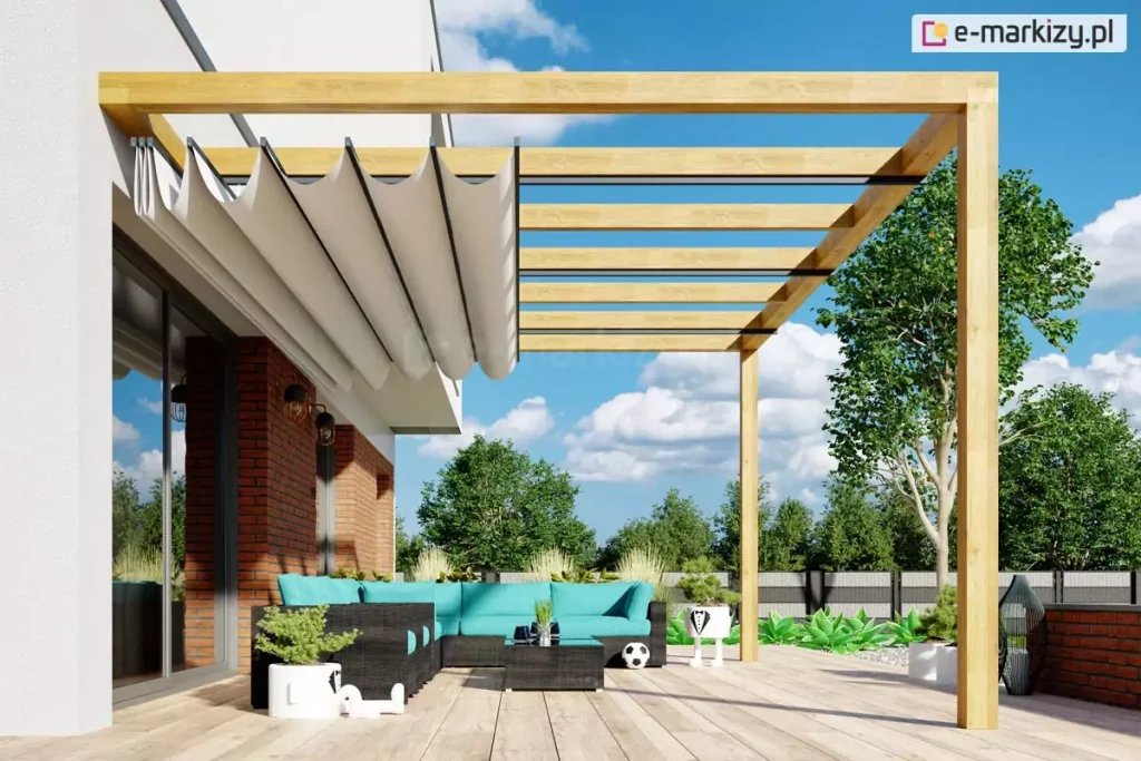 Pergola z tkaniną falowaną chroni przed słońcem i deszczem a stopień rozwinięcia dachu zapewnia różny stopnień zacienienia tarasu.