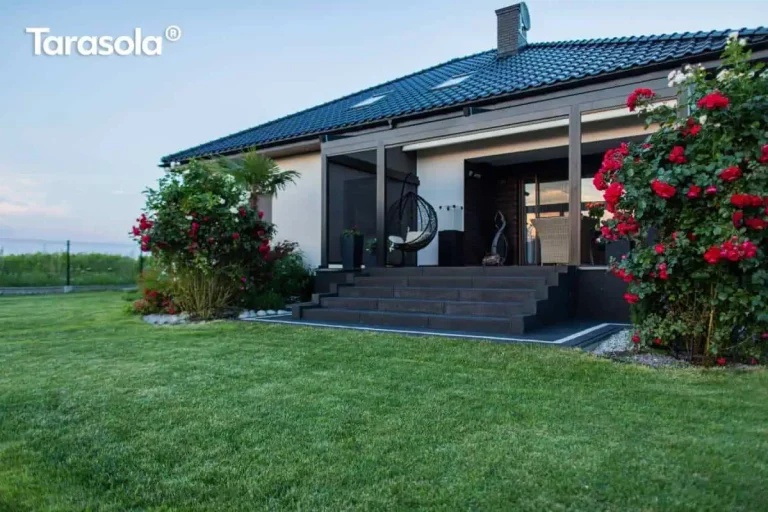 Nowoczesna przyścienna pergola tarasowa Elegancy Tarasola w ciemnym, niemal czarnym kolorze, zintegrowana z bryłą parterowego domu o jasnej elewacji i ciemnym, skośnym dachu krytym dachówką. Konstrukcja osłania wejście tarasowe, do którego prowadzą szerokie, ciemne schody zewnętrzne. Wewnątrz pergoli, po lewej stronie, zamontowano pionową roletę typu screen zapewniającą prywatność, a w centralnej części widoczny jest wiszący fotel typu kokon z jasną poduszką. Pod zadaszeniem umieszczono również nowoczesne meble wypoczynkowe, w tym fotel technorattanowy. Teren wokół tarasu obejmuje starannie utrzymany trawnik oraz gęste krzewy róż o intensywnie czerwonych kwiatach, które flankują schody. W tle po lewej stronie widoczna jest palma oraz otwarta przestrzeń ogrodu, a zdjęcie zostało wykonane w łagodnym świetle późnego popołudnia, co podkreśla elegancki i luksusowy charakter strefy relaksu.