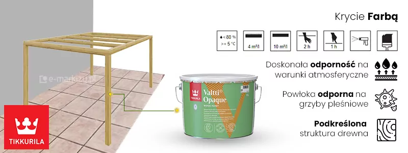 Grafika informacyjna na białym tle prezentująca parametry techniczne i właściwości farby do drewna Tikkurila Valtti Opaque w kontekście wykończenia pergoli Juko. Po lewej stronie umieszczono wizualizację wolnostojącej konstrukcji z jasnego drewna, która stoi na tarasie wyłożonym beżowymi płytkami przy szarej ścianie budynku. W centralnej części grafiki znajduje się puszka farby Valtti Opaque z charakterystycznym zielonym opakowaniem i logotypem producenta, połączona zieloną linią ze strukturą drewna na słupie pergoli. Prawa strona obrazu zawiera sekcję techniczną z ikonami informującymi o wydajności preparatu, która wynosi 4 m2/l dla drewna piłowanego oraz 10 m2/l dla drewna gładkiego, przy czasie schnięcia wynoszącym 2 godziny do dotyku i 1 godzinę między warstwami. Tekst obok ikon podkreśla trzy główne zalety produktu: doskonałą odporność na warunki atmosferyczne, odporność powłoki na grzyby pleśniowe oraz efekt w postaci podkreślonej naturalnej struktury drewna. Całość stanowi techniczne zestawienie możliwości dekoracyjno-ochronnych farby dedykowanej do architektury ogrodowej.