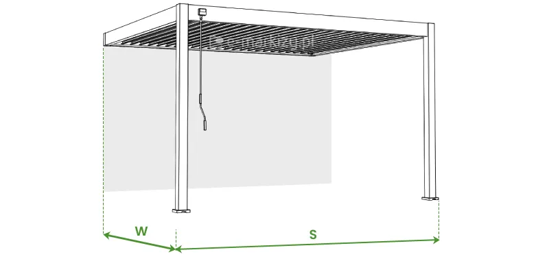Schemat techniczny Pergola Rubio Soft Pomiar w rzucie izometrycznym prezentuje pojedynczy moduł pergoli przyściennej Rubio Soft z dachem lamelowym. Konstrukcja jest zamontowana do ściany (zaznaczonej szarym kolorem) i wsparta na dwóch słupach frontowych, a pod dachem widoczna jest korba do regulacji lameli. Na rysunku za pomocą zielonych linii pomocniczych i strzałek zaznaczono kluczowe parametry wymiarowe: literą „S” oznaczono szerokość konstrukcji mierzoną po zewnętrznych krawędziach słupów, natomiast literą „W” oznaczono wysięg pergoli, czyli odległość od ściany budynku do frontowej części słupa. Rysunek ma charakter poglądowy i służy do identyfikacji głównych gabarytów produktu.