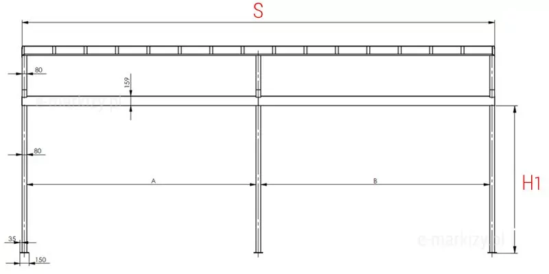 Zdjęcie przedstawia schemat pomiaru pergoli modułowej SQUARE z dachem tkaninowym. Na ilustracji oznaczono wymiary konstrukcji, w tym szerokość pojedynczego modułu oraz głębokość całkowitą pergoli. Modułowa budowa umożliwia łączenie kilku segmentów w jedną większą zabudowę tarasową. Rysunek techniczny pomaga w prawidłowym określeniu wymaganej przestrzeni montażowej i dostosowaniu układu do indywidualnych potrzeb klienta.