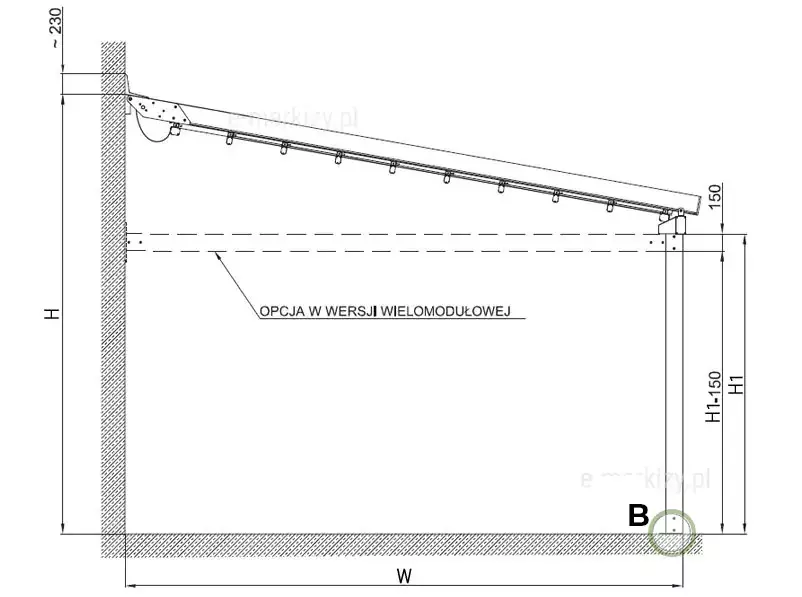 Techniczny rysunek przekroju bocznego przedstawia szczegółowe wytyczne dotyczące pomiaru wysięgu oraz parametrów wysokościowych pergoli przyściennej Solid. Schemat ilustruje montaż konstrukcji do pionowej ściany budynku, prezentując nachylone zadaszenie z systemem prowadnic i wsporników oraz pionowy słup podpierający, którego podstawa została oznaczona literą B w okręgu, wskazującym na kluczowy punkt zakotwienia w podłożu. Wymiarowanie pionowe obejmuje całkowitą wysokość konstrukcji oznaczoną jako H, wysokość światła przejścia H1 oraz zmodyfikowaną wysokość przejścia H1-150, uwzględniającą dodatkowy profil konstrukcyjny. Pozioma linia wymiarowa W definiuje całkowity wysięg systemu, mierząc odległość od ściany budynku do zewnętrznej krawędzi słupa nośnego. Na rysunku naniesiono również wartość 230 milimetrów dla górnego odstępu montażowego oraz 150 milimetrów dla wysokości profilu czołowego. Dodatkowo, przerywaną linią poziomą zaznaczono opcję dostępną w wersji wielomodułowej, co stanowi istotną informację dla projektantów i instalatorów planujących konfigurację zadaszenia tarasowego. Całość dokumentacji rysunkowej służy do precyzyjnego określenia zakresu montażu i zachowania odpowiednich odległości instalacyjnych w relacji do elementów konstrukcyjnych budynku oraz podłoża.