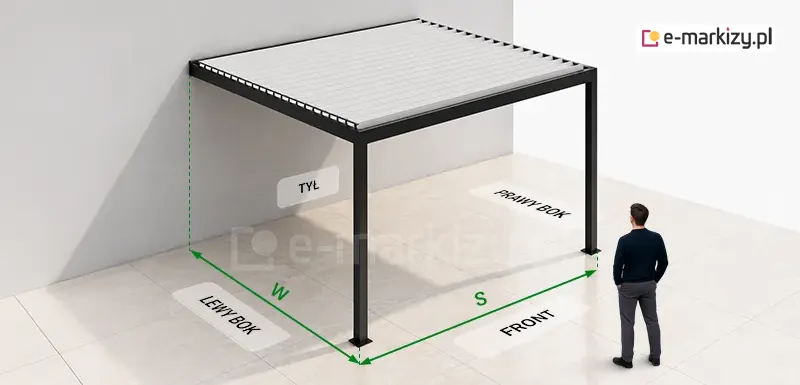 Pergola Przyścienna SB400 Pomiar - Pergola składa się z solidnej ramy wykonanej z czarnych profili aluminiowych oraz zadaszenia zbudowanego z ruchomych, zorientowanych poziomo lameli, które tworzą szczelną i jednolitą płaszczyznę. Konstrukcja jest zamontowana bezpośrednio do ściany budynku, która stanowi tło dla tylnej części pergoli, natomiast z przodu opiera się na dwóch pionowych słupach nośnych, przykręconych do podłoża za pomocą stóp montażowych. Na grafice zaznaczono dwa kluczowe wymiary konstrukcyjne za pomocą zielonych linii wymiarowych z grotami: litera W wskazuje głębokość pergoli, mierzoną od ściany w głąb konstrukcji, natomiast litera S oznacza szerokość pergoli, mierzoną wzdłuż linii frontu między dwoma słupami nośnymi. W prawej części kadru widoczna jest sylwetka dorosłego mężczyzny w ciemnym swetrze i szarych spodniach, która została umieszczona w celu zobrazowania skali wielkości pergoli w stosunku do człowieka. Poszczególne elementy otoczenia zostały opisane polskimi etykietami tekstowymi, takimi jak tył, lewy bok, prawy bok oraz front, co pozwala na precyzyjną orientację w przestrzeni konstrukcyjnej pergoli. Całość wizualizacji została przygotowana w technice 3D, z wyraźnym zaakcentowaniem kątów prostych oraz czystych linii projektowych, co podkreśla nowoczesny charakter produktu i jego funkcjonalność jako systemu zadaszenia tarasowego.