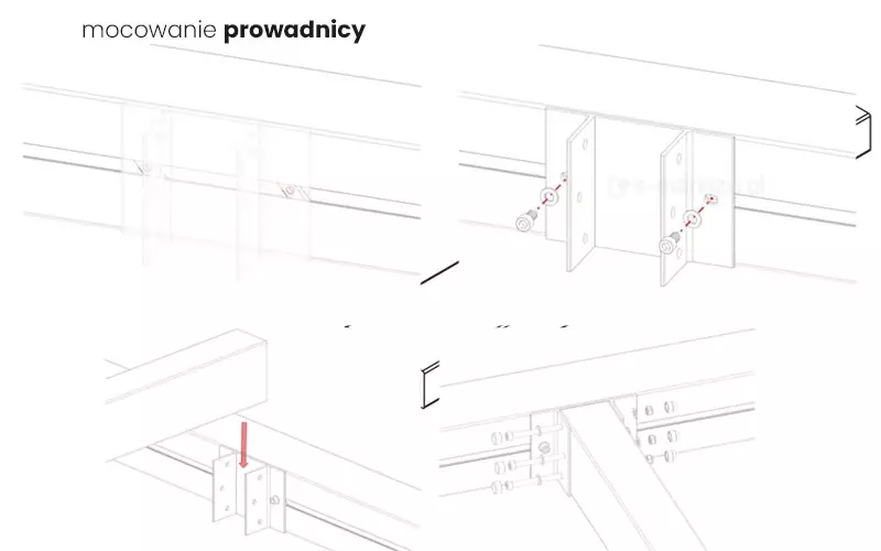 Rysunek techniczny w formie schematu liniowego przedstawiający procedurę montażu i mocowania prowadnicy w systemie pergoli Tako. Grafika składa się z czterech ujęć detalu, które w sposób sekwencyjny obrazują proces instalacji stalowego uchwytu łączącego profil jezdny z ramą konstrukcyjną. Na górnych szkicach widoczny jest dwuczęściowy, pionowy uchwyt w kształcie litery U, który montowany jest do bocznej ścianki belki za pomocą śrub z łbem walcowym i podkładek, co zaznaczono czerwonymi liniami pomocniczymi. Dolna część schematu pokazuje moment osadzania profilu prowadnicy w przygotowanym gnieździe, gdzie czerwona strzałka wskazuje kierunek wsunięcia elementu od góry. Ostatnie ujęcie prezentuje gotowy węzeł konstrukcyjny z widocznym rzędem trzech śrub stabilizujących połączenie, co gwarantuje sztywne i bezpieczne zamocowanie szyny prowadzącej materiał dachowy. Całość stanowi precyzyjną instrukcję montażową, podkreślającą systemowy charakter połączeń mechanicznych pergoli.