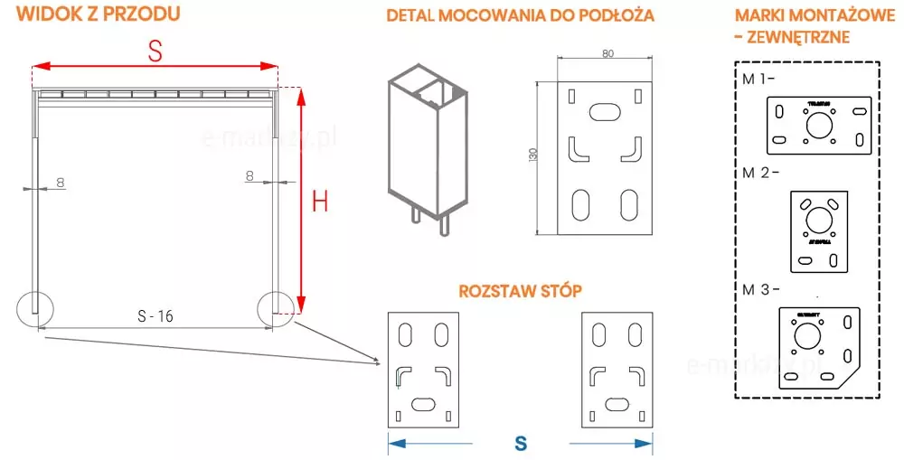 Rysunek techniczny przedstawiający schemat konstrukcyjny ściennej pergoli Light z zaznaczonymi wymiarami gabarytowymi oraz detalami montażowymi. W lewej górnej części widoczny jest schemat konstrukcji w widoku z przodu z oznaczoną szerokością całkowitą jako litera S oraz wysokością całkowitą jako litera H, a także szerokością prześwitu wynoszącą S minus 16 oraz szerokością profili pionowych wynoszącą 8 jednostek. Poniżej schematu głównego umieszczono rozstaw stóp montażowych z wymiarem całkowitym S. W centralnej części grafiki zaprezentowano detali mocowania do podłoża w postaci trójwymiarowego przekroku profilu oraz płaskiego schematu stopy o wymiarach 80 na 130 jednostek z otworami montażowymi. W prawej części grafiki znajduje się panel z trzema wariantami mark montażowych zewnętrznych oznaczonych jako M1, M2 oraz M3, z których każda przedstawia inny układ otworów montażowych na prostokątnej płytce metalowej. Całość wykonana jest w formie czarno-białego schematu liniowego z pomarańczowymi opisami nagłówkowymi i wymiarowymi.