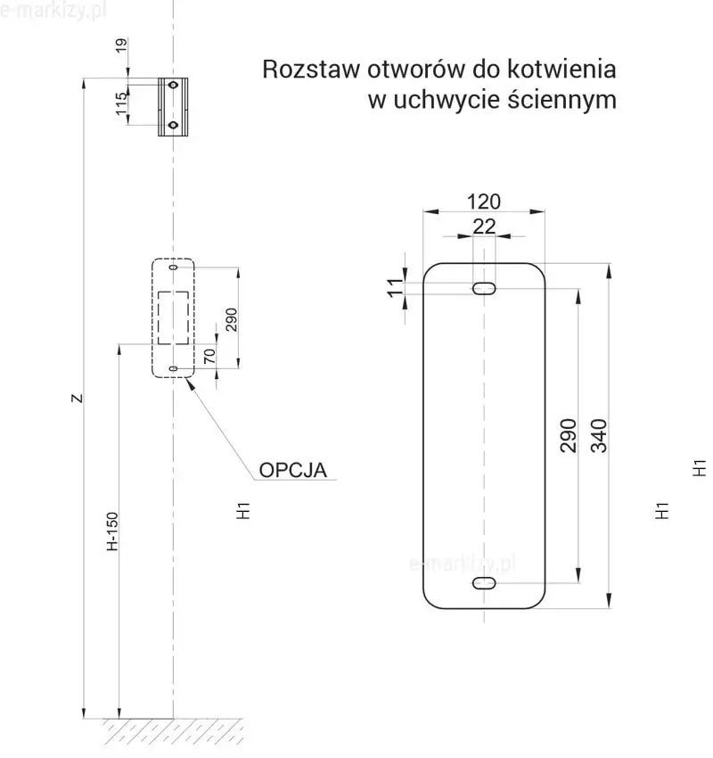 Rysunek techniczny przedstawia schemat rozstawu otworów do kotwienia uchwytu ściennego w konstrukcji pergoli Solid. Grafika ukazuje wymiary montażowe uchwytu o wysokości całkowitej 340 mm i szerokości 120 mm, z otworami montażowymi o wymiarach 22 mm na 11 mm, rozstawionymi w osiach co 290 mm. Dodatkowo, schemat wskazuje na opcjonalne umiejscowienie elementu montażowego, definiując jego pozycję za pomocą wysokości H1 oraz wymiaru Z.