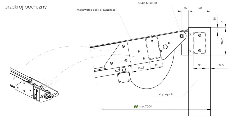 Rysunek techniczny przedstawiający szczegółowy przekrój podłużny górnego węzła konstrukcyjnego pergoli wolnostojącej Solid. Schemat ukazuje miejsce styku wysokiego słupa o szerokości 184,7 mm z pochyłą belką prowadzącą poszycie dachowe. Na rysunku widoczne są precyzyjne detale montażowe, w tym mocowanie belki prowadzącej za pomocą śruby M14x120 oraz wewnętrzne wzmocnienia profili o wymiarach 85 mm. Naniesiono liczne linie wymiarowe określające m.in. wysunięcie słupa (32,5 mm), szerokość maskownicy (150 mm) oraz odległości między punktami montażowymi (124,3 mm i 85 mm). W dolnej części grafiki znajduje się oznaczenie maksymalnego wysięgu konstrukcji o symbolu W max 7000. Całość wykonana jest w formie czarnego rysunku liniowego na białym tle, z profesjonalnym nazewnictwem technicznym poszczególnych komponentów systemu.