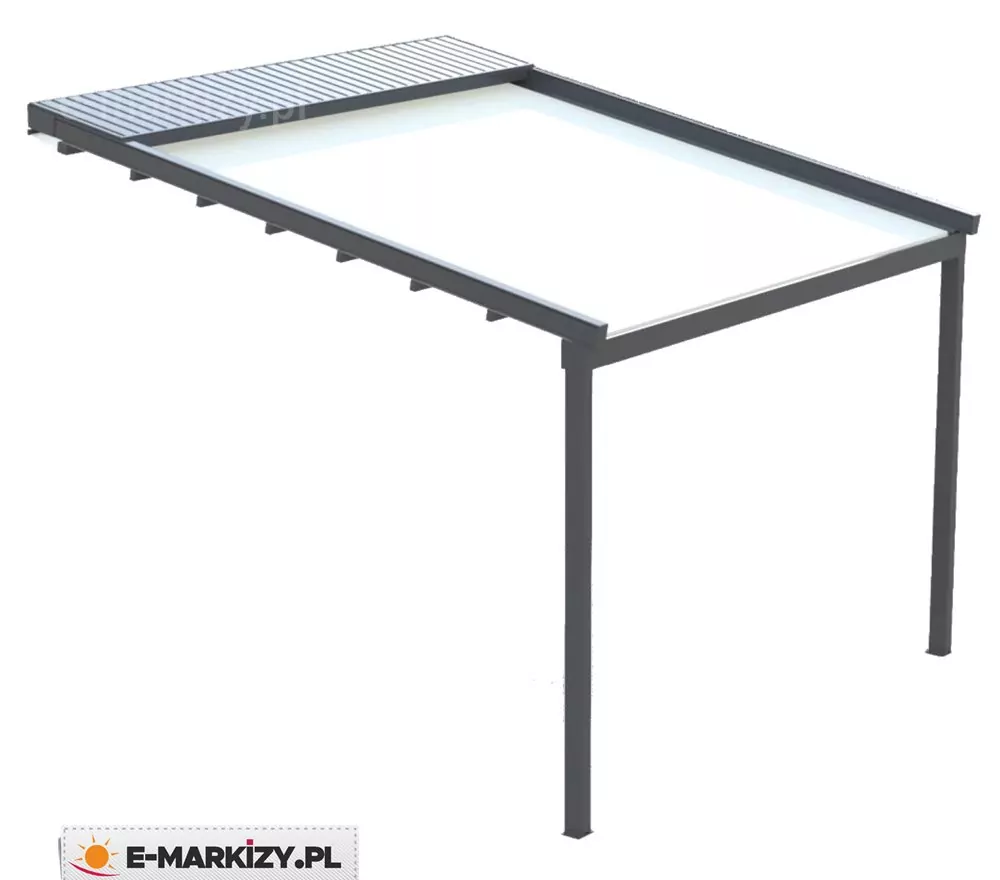 Zdjęcie przedstawia pergolę przyścienną SQUARE w wersji pojedynczej (1-modułowej), zamontowaną przy elewacji budynku. Konstrukcja opiera się na dwóch aluminiowych słupach nośnych z przodu oraz profilu przyściennym z tyłu. Dach wykonany z naciągniętej tkaniny zapewnia ochronę przeciwsłoneczną, a jednocześnie zachowuje nowoczesny i minimalistyczny wygląd. System przeznaczony jest do zabudowy tarasów i przestrzeni wypoczynkowych, oferując możliwość rozbudowy o boczne osłony lub systemy automatyki pogodowej.