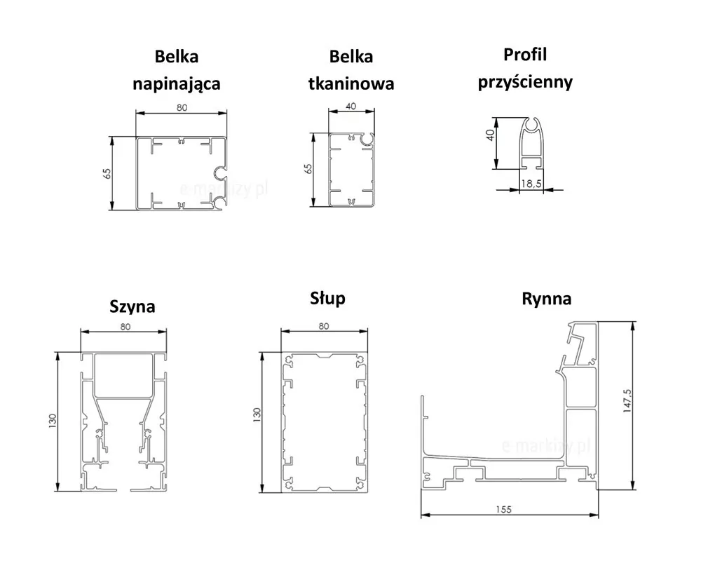 Zdjęcie przedstawia zestaw rysunków technicznych profili konstrukcyjnych stosowanych w pergoli tarasowej SQUARE z dachem tkaninowym. Na ilustracji widoczne są przekroje takich elementów jak: belka napinająca, belka tkaniny, profil przyścienny, szyna prowadząca, słup nośny oraz rynna zintegrowana z systemem odwodnienia. Każdy profil ukazano w szczegółowym przekroju technicznym z widocznymi komorami wzmacniającymi i kanałami montażowymi, co ułatwia planowanie montażu i konfiguracji systemu pergoli.