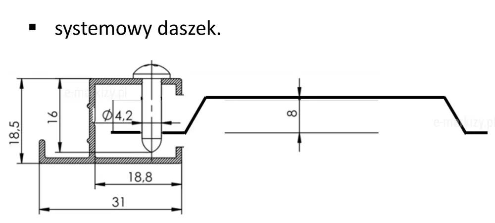 Zdjęcie przedstawia rysunek techniczny systemowego daszka stosowanego w pergoli SQUARE z dachem tkaninowym. Daszek montowany jest nad belką konstrukcyjną i pełni funkcję ochronną, osłaniając zwiniętą tkaninę dachu po jego złożeniu. Chroni materiał przed promieniowaniem UV, deszczem i zabrudzeniami, wydłużając jego żywotność. Na ilustracji widoczny jest przekrój daszka oraz sposób jego integracji z profilem pergoli.