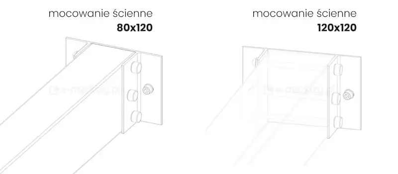 Rysunek techniczny prezentujący dwa rodzaje mocowań ściennych stosowanych w konstrukcji pergoli Tako, przedstawiony w formie czarno-białych szkiców izometrycznych. Po lewej stronie widoczne jest mocowanie ścienne dedykowane dla profilu o wymiarach 80x120 mm, składające się z płaskiej płyty montażowej przylegającej do ściany oraz prostopadłego uchwytu, w którym osadzona jest belka konstrukcyjna. Po prawej stronie ukazano analogiczne mocowanie ścienne, lecz przystosowane do większego profilu o wymiarach 120x120 mm. Na obu schematach wyraźnie zaznaczono punkty montażowe w postaci śrub z łbami walcowymi, które stabilizują połączenie profilu z uchwytem ściennym. Grafika ma charakter instruktażowy, obrazując sposób kotwienia głównych belek nośnych zadaszenia do elewacji budynku przy zachowaniu estetycznego i wytrzymałego połączenia mechanicznego.