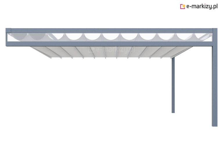 Pergola tarasowa Flat z bocznym wypełnieniem ze świetlikiem – nowoczesne zadaszenie z dodatkową osłoną przeciwwiatrową. Przezroczysty panel zapewnia ochronę i doświetlenie przestrzeni tarasu, łącząc design z funkcjonalnością.