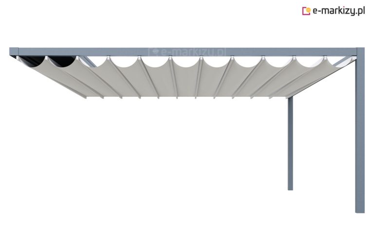 Pergola tarasowa Flat z rozwiniętym dachem tkaninowym. Nowoczesne zadaszenie z bocznymi prowadnicami, idealne do ochrony przed słońcem i deszczem. Prosta konstrukcja, estetyczne wykończenie i funkcjonalność dla każdej przestrzeni ogrodowej lub tarasowej.