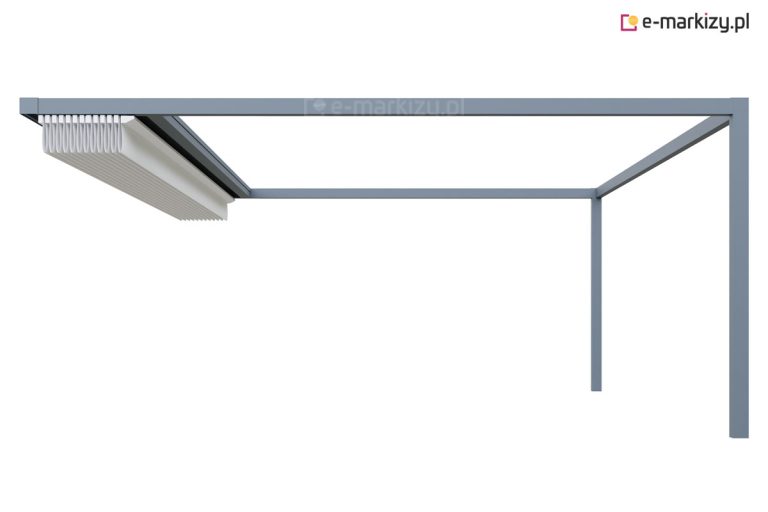 Pergola Flat ze zwiniętym dachem tkaninowym – eleganckie, nowoczesne zadaszenie tarasu. Zwinięta tkanina umożliwia pełne nasłonecznienie przestrzeni wypoczynkowej. Idealna do ogrodu, tarasu lub strefy relaksu przy domu.