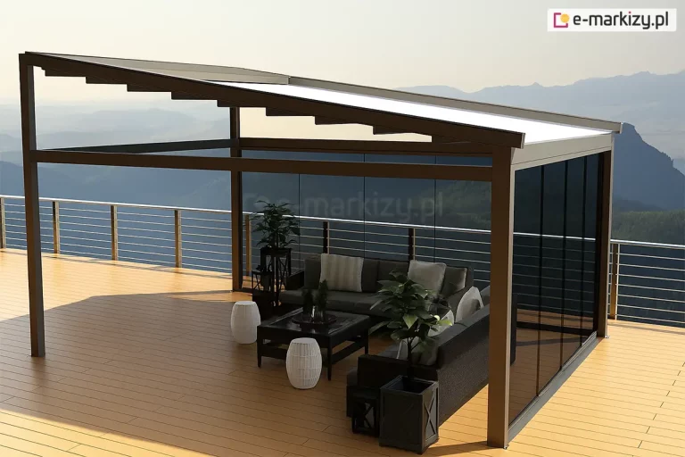 Zdjęcie przedstawia nowoczesną, wolnostojącą pergolę Square MOL o konstrukcji aluminiowej, zlokalizowaną na rozległym tarasie z widokiem na góry. Pergola posiada jednospadową konstrukcję, pod którą zamontowany jest tkaninowy dach, z jasnej, w pełni rozsuniętej tkaniny, osłaniającej strefę wypoczynkową. Konstrukcja pergoli w kolorze antracytu wspiera się na solidnych pionowych słupach i poziomych belkach. Dwie ściany obiektu są przeszklone przy użyciu bezramowego systemu przesuwnych szyb, przy czym ściany te wykonane są z przyciemnianego, ciemnego szkła, co zapewnia prywatność i ochronę przed słońcem. Wewnątrz pergoli znajduje się luksusowy zestaw mebli ogrodowych, w tym narożna sofa w kolorze grafitowym z jasnymi poduszkami, czarny stolik kawowy oraz białe, ażurowe pufy w kształcie bębnów. Całość uzupełniają rośliny doniczkowe w czarnych, dekoracyjnych donicach. Taras wyłożony jest deskami kompozytowymi w jasnym, naturalnym odcieniu drewna i zabezpieczony minimalistyczną balustradą ze stali nierdzewnej z poziomymi relingami. W tle rozpościera się panoramiczny widok na zamglone pasma górskie pod jasnym, bezchmurnym niebem, co podkreśla ekskluzywny charakter realizacji.