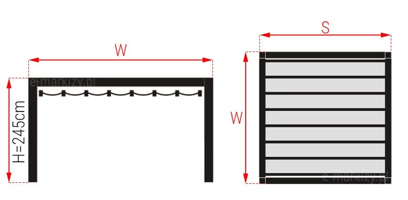 Pergola wolnostojąca Dragon pomiar szerokości i wysięgu oraz wysokości ukazany na dwóch schematach. Po lewej przekrój boczny pergoli. Po jego lewej stronie od podłoża oraz skraju górnej belki poprowadzono w bok przerywane linie, a pomiędzy nimi zamieszczono czerwoną dwukierunkową strzałkę. Pomiędzy strzałką a szkicem pergoli zamieszczono napis "H=245cm". Na tym samym schemacie, ponad pergolą, od jej skrajnych belek, frontowej i tylnej, poprowadzono w górę przerywane linie, a pomiędzy nimi zamieszczono czerwoną dwukierunkową strzałkę oraz napisany nad nią symbol "W". Po prawej stronie zamieszczono schemat pergoli w rzucie z góry. Na jego lewym boku, od skrajów pergoli poprowadzono w bok przerywane linie, pomiędzy które wpisano dwukierunkową czerwoną strzałkę, z symbolem "W" po jej lewej stronie. Ponad schematem, od lewego i prawego skraju pergoli, poprowadzono w górę przerywane linie, pomiędzy którymi zamieszczono czerwoną, dwukierunkową strzałkę, a nad nią symbol "S".