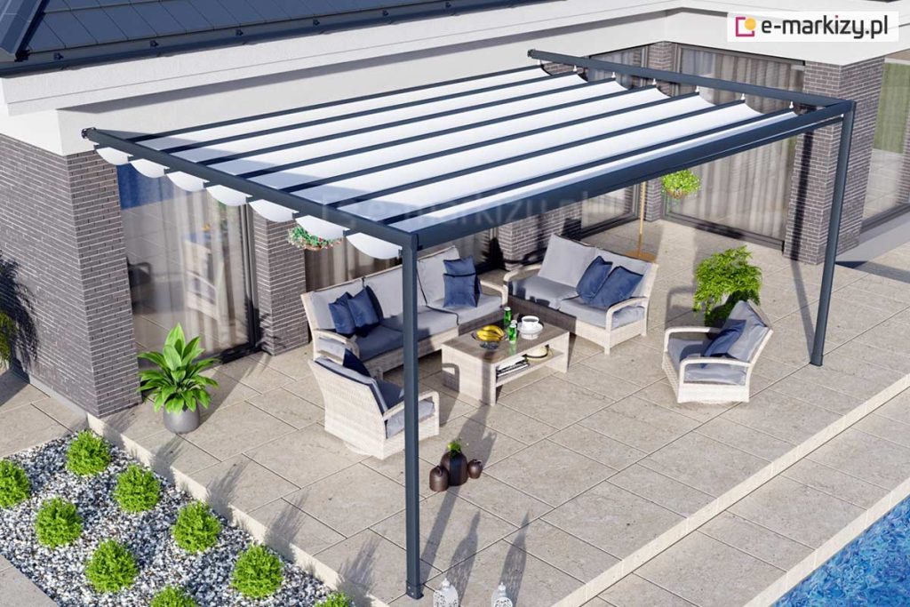 Pergola tarasowa z rozwijanym dachem costa, pergola z zadaszeniem tkaninowym na wymiar