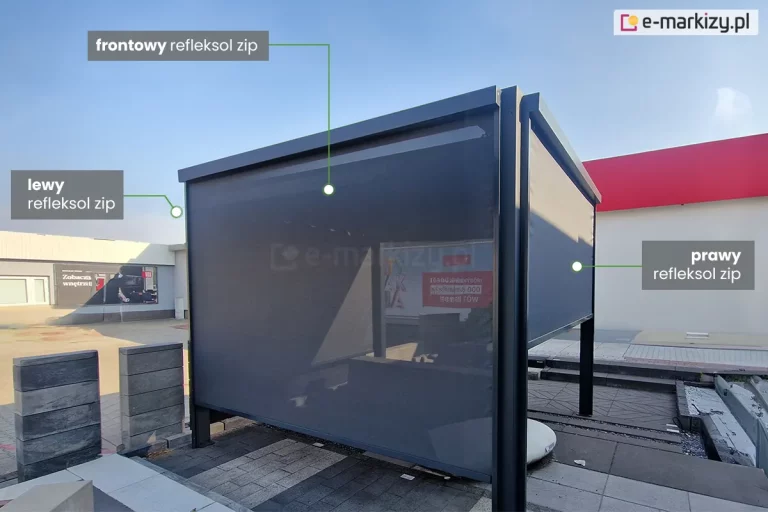 Wolnostojąca pergola tarasowa TAKO w kolorze antracytowym z zamontowanym systemem osłon bocznych typu refleksol zip, ustawiona na ekspozycji zewnętrznej z kostki brukowej. Na zdjęciu widoczne są trzy rozwinięte rolety zewnętrzne z półprzezroczystej tkaniny technicznej, oznaczone etykietami: „frontowy refleksol zip”, „lewy refleksol zip” oraz „prawy refleksol zip”. Konstrukcja posiada płaski dach i stabilne, pionowe słupy. W tle widoczny jest fragment nowoczesnego budynku handlowego z białym dachem i czerwoną elewacją oraz betonowe elementy małej architektury. Refleksol frontowy niemal całkowicie zasłania wnętrze pergoli, chroniąc przed słońcem i wiatrem.