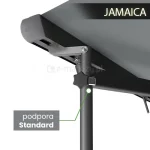 Zdjęcie przedstawia zbliżenie na górną część aluminiowej podpory teleskopowej, określanej jako podpora Standard, zamontowanej do przedniej belki markizy tarasowej model Jamaica. Widoczny jest mechanizm łączący pionowy profil podpory z poziomym profilem frontowym markizy za pomocą metalowego, ruchomego przegubu przykręconego śrubą, co umożliwia stabilizację poszycia. Podpora ma ciemnoegrurowy, matowy kolor o strukturze proszkowej, pasujący do wykończenia kasety i ramion markizy. W górnej części pionowego masztu znajduje się czarne, plastikowe pokrętło blokujące o ergonomicznym, gwiaździstym kształcie, które służy do regulacji wysokości teleskopowego wysuwu nogi. Tkanina markizy w kolorze szarym jest naciągnięta i wsunięta w specjalny rowek profilu czołowego. W lewym dolnym rogu grafiki umieszczono szary prostokąt z białym napisem podpora Standard, z którego odchodzi zielona linia wskazująca bezpośrednio na opisywany element konstrukcyjny.