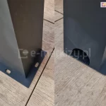 Zestawienie dwóch ujęć podpory zadaszenia Modes ustawionej na płytce gresowej z drewnopodobnym wzorem. Po lewej widoczny tył i bok podpory oraz mocowania stopy do podłoża. Po prawej widoczny front podpory z charakterystycznym otworem odpływu rynny.