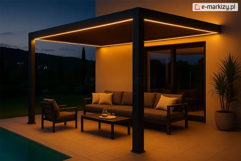 Antracytowa pergola lamelowa Marlo w wersji przyściennej, zamontowana na nowoczesnym tarasie przy basenie po zmroku. Konstrukcja zadaszenia wspiera się na dwóch pionowych słupach o kwadratowym przekroju, a jej rama została wyposażona w zintegrowane oświetlenie LED, które emituje intensywne, ciepłe światło o pomarańczowej barwie, oświetlając przestrzeń wypoczynkową. Pod pergolą ustawiono zestaw mebli ogrodowych w ciemnym kolorze, składający się z dużej sofy z poduszkami, fotela oraz niskiego stolika kawowego, na którym znajdują się szklane naczynia. Podłoże tarasu wykonane jest z dużych, jasnych płyt ceramicznych lub betonowych o matowym wykończeniu. Po prawej stronie, w estetycznej donicy, znajduje się wysoka roślina ozdobna, a w tle widoczne są duże przeszklone drzwi tarasowe. W lewym dolnym rogu kadru widać fragment podświetlonej tafli wody w basenie, natomiast w oddali zarysowuje się ciemna sylwetka wzniesień oraz ogrodu pod nocnym niebem.