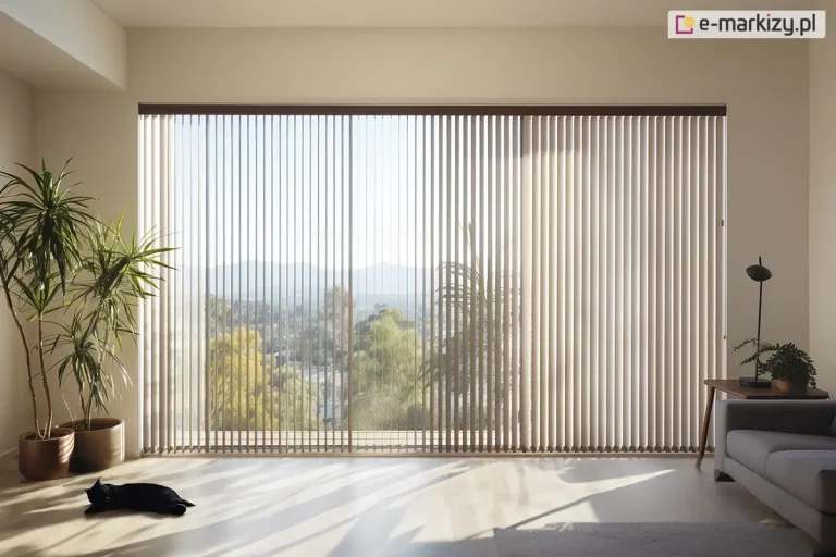 Jasny salon o wysokim standardzie wykończenia, w którym głównym elementem dekoracyjnym i funkcjonalnym są żaluzje pionowe zamontowane na całej szerokości panoramicznego okna. Lamele w kolorze ciepłego beżu lub piaskowym zwisają z szyny osłoniętej dodatkowym drewnianym maskowaniem, które kontrastuje z jasnym sufitem i ścianami w odcieniu złamanej bieli. Żaluzje pionowe są ustawione w sposób zróżnicowany: po lewej stronie są rozsunięte, ukazując rozległy widok na miasto, wzgórza w oddali oraz gęstą zieleń drzew pod bezchmurnym niebem. Po prawej stronie pasy materiału są gęsto i równomiernie rozłożone, skutecznie przesłaniając wnętrze przed bezpośrednim słońcem. Na jasnej, drewnianej podłodze wyleguje się czarny kot, a obok niego widoczne są dwie duże rośliny doniczkowe o pierzastych liściach w ceramicznych osłonkach. Po prawej stronie znajduje się fragment jasnoszarej sofy oraz minimalistyczny stolik kawowy z nowoczesną, czarną lampką stojącą. Całe pomieszczenie jest skąpane w miękkim, naturalnym świetle, które podkreśla pionowe linie osłon okiennych i tworzy przytulną atmosferę domowego relaksu.