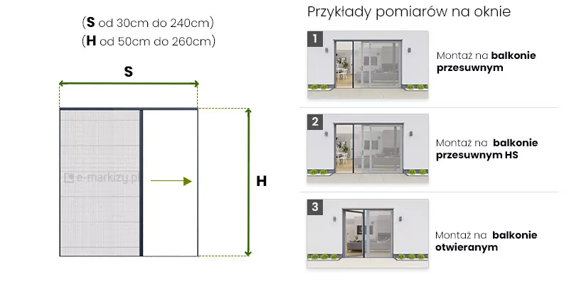 Pomiar moskitiery Fit-Zag ukazany na schemacie moskitiery plisowanej po lewej stronie. Pomiędzy skrajnymi profilami bocznymi opisana została dwukierunkowa zielona strzałka z symbolem S, który oznacza szerokość moskitiery. Po prawej stronie schematu, pomiędzy krawędzią progu a górnej prowadnicy wpisana została dwukierunkowa zielona strzałka z symbolem H, który oznacza wysokość moskitiery. Na schemacie prezentującym częściowo otwartą moskitierę wpisano także zieloną strzałkę, której grot wskazuje kierunek zamykania plisy. W górze, nad schematem pomiaru umieszczone w dwóch wersach napisy "(S od 30cm do 240 cm) (H od 50cm do 260cm):. Po prawej stronie pod napisem "przykłady pomiarów na oknie" umieszczono w kolumnie trzy grafiki oznaczone w lewym górnym narożniku cyframi od 1 do 3. Przy grafice z cyfrą 1 napis "Montaż na balkonie przesuwnym", przy grafice z cyfrą 2 napis "montaż na balkonie przesuwnym HS", a przy grafice z cyfrą 3 napis "montaż na balkonie otwieranym".