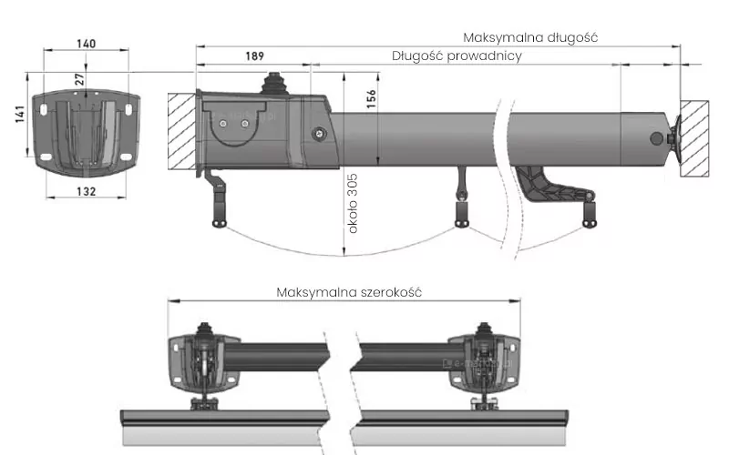 Rysunek techniczny ukazuje szczegółowe zwymiarowanie oraz schemat montażowy dla dachu rzymskiego Silva, koncentrując się na kluczowych parametrach technicznych w wersji z napędem. W górnej części grafiki zaprezentowano przekrój boczny systemu wraz z uchwytem montażowym, dla którego wskazano wymiary 140x132 mm oraz 141 mm wysokości, a także precyzyjne odległości montażowe wynoszące 189 mm oraz 156 mm. Schemat określa również całkowitą wysokość konstrukcji jako około 305 mm oraz definiuje zależności pomiędzy maksymalną długością systemu a długością prowadnicy. Dolna część rysunku przedstawia widok z góry na punkty kotwienia, zaznaczając maksymalną szerokość montażową systemu, co pozwala na dokładne zaplanowanie instalacji zadaszenia w wyznaczonej przestrzeni tarasowej.