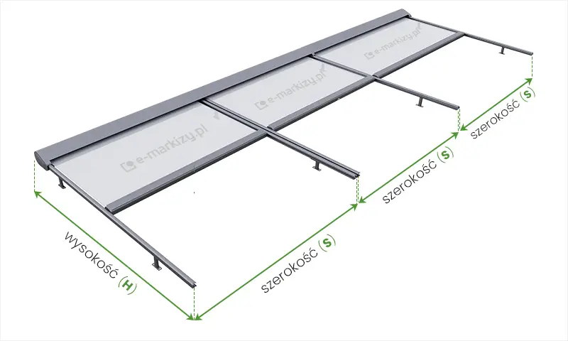 Ilustracja 3D w formie izometrycznej przedstawia system osłony przeciwsłonecznej typu Veranda, zaprojektowany jako rozwiązanie poziome montowane nad zadaszeniami. Głównym celem grafiki jest wizualizacja kluczowych parametrów wymiarowych niezbędnych do prawidłowego pomiaru systemu przed zamówieniem. Schemat wyraźnie wskazuje na dwa podstawowe wymiary: wysokość (H), która odnosi się do całkowitej długości prowadnic wraz z kasetą, oraz szerokość (S), definiującą rozstaw między zewnętrznymi krawędziami prowadnic. Obraz przedstawia kompaktową konstrukcję składającą się z zaokrąglonej kasety głównej oraz dwóch równoległych prowadnic wspartych na słupkach montażowych, co pozwala na precyzyjne odniesienie wymiarów (H) i (S) do realnych elementów technicznych markizy.