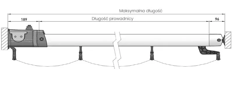 Rysunek techniczny przedstawia wytyczne pomiarowe dla wysięgu dachu rzymskiego Silva, uwzględniając wymiary montażowe dla konkretnej konfiguracji systemu. Na schemacie zaznaczono długość prowadnicy jako główny parametr, przy czym po lewej stronie uwzględniono odległość montażową wynoszącą 189 mm, natomiast po stronie prawej zachowano dystans 96 mm do krańca konstrukcji. Poniżej głównego profilu prowadnicy widoczne są elementy mechanizmu przesuwnego oraz zaczepy tkaniny, co pozwala na precyzyjne odniesienie wymiarów do fizycznych komponentów systemu zadaszenia.
