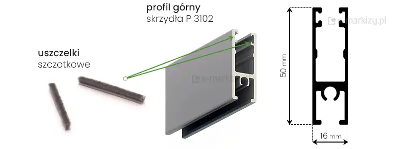 Grafika prezentuje wizualizację 3D oraz rysunek techniczny profilu górnego skrzydła o oznaczeniu P 3102, wykorzystywanego w ramowym systemie przesuwnym Sotro. Po lewej stronie widoczny jest model trójwymiarowy elementu wykonanego z aluminium w kolorze srebrnym, obok którego umieszczono dwie uszczelki szczoteczkowe, a zielone linie pomocnicze wskazują miejsce ich montażu w górnych kanałach profilu. Prawa strona obrazu przedstawia precyzyjny schemat przekroju poprzecznego z naniesionym wymiarowaniem. Całkowita wysokość profilu wynosi 50 mm, natomiast jego szerokość to 16 mm. Przekrój ukazuje komorową konstrukcję z wewnętrznym wzmocnieniem o półkolistym kształcie umieszczonym w dolnej części oraz symetryczne szyny do wsunięcia uszczelek szczoteczkowych u góry elementu.