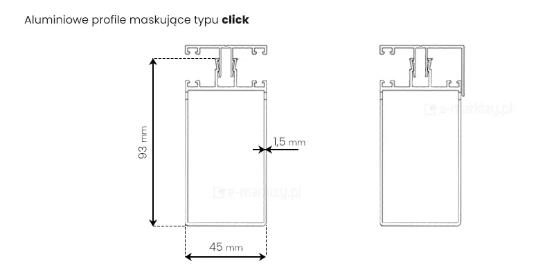 Rysunek techniczny prezentujący przekrój poprzeczny aluminiowych profili maskujących typu click, stosowanych w systemie zadaszenia tarasu Nebbiolo marki Deponti. Schemat składa się z dwóch widoków profilu o pionowej orientacji, które szczegółowo obrazują geometrię oraz sposób łączenia elementów. Główny profil maskujący posiada prostokątny przekrój o szerokości zewnętrznej 45 mm i wysokości 93 mm. Grubość ścianki tego profilu wynosi 1,5 mm. W górnej części widoczny jest systemowy mechanizm zatrzaskowy typu click, który umożliwia szybki i estetyczny montaż listwy maskującej do konstrukcji nośnej bez widocznych połączeń śrubowych. Mechanizm ten składa się z charakterystycznego, rozszerzającego się wypustu umieszczonego na górze profilu prostokątnego, który wpina się w gniazdo elementu bazowego o profilu teowym (T-kształtnym). Po prawej stronie rysunku pokazano wariant profilu z dodatkowym bocznym rantem maskującym, który zachodzi na krawędź elementu nośnego, zapewniając pełne zakrycie połączenia i spójność wizualną aluminiowej konstrukcji. Precyzyjne wymiarowanie i detale techniczne podkreślają systemowy charakter wykończenia zadaszenia.