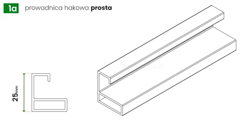 Rysunek techniczny w formie schematu liniowego prezentujący profil aluminiowy opisany jako prowadnica hakowa prosta, przeznaczona do montażu systemów osłonowych takich jak moskitiery dachowe. Grafika składa się z dwóch kluczowych elementów wizualnych na białym tle: szczegółowego przekroju poprzecznego po lewej stronie oraz trójwymiarowego rzutu izometrycznego po prawej, który ukazuje podłużny kształt szyny. Przekrój poprzeczny ukazuje budowę profilu o geometrycznym kształcie litery F z dodatkową zamkniętą komorą wzmacniającą u podstawy, która zapewnia sztywność konstrukcji. Górna część profilu posiada charakterystyczne zagięcie w formie haka, tworzące kanał prowadzący. Po lewej stronie przekroju umieszczono wymiarowanie pionowe wskazujące całkowitą wysokość elementu wynoszącą 2,5 cm. Rzut izometryczny przedstawia fragment prowadnicy w perspektywie, uwydatniając jej gładkie ścianki oraz precyzyjne krawędzie. W lewym górnym rogu znajduje się oznaczenie 1a umieszczone w zielonym kwadracie, a obok widnieje napis prowadnica hakowa z pogrubionym słowem prosta. Całość ilustracji utrzymana jest w minimalistycznej, czarno-białej stylistyce technicznej, skupiającej się na detalach konstrukcyjnych i wymiarach produktu.