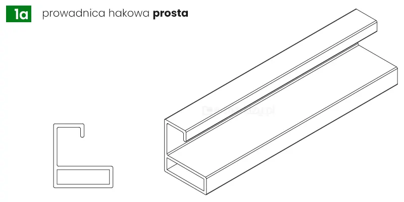 Rysunek techniczny w formie schematu liniowego prezentujący profil aluminiowy opisany jako prowadnica hakowa prosta, przeznaczona do montażu systemów osłonowych takich jak moskitiery dachowe. Grafika składa się z dwóch kluczowych elementów wizualnych na białym tle: szczegółowego przekroju poprzecznego po lewej stronie oraz trójwymiarowego rzutu izometrycznego po prawej, który ukazuje podłużny kształt szyny. Przekrój poprzeczny ukazuje budowę profilu o geometrycznym kształcie litery F z dodatkową zamkniętą komorą wzmacniającą u podstawy, która zapewnia sztywność konstrukcji. Górna część profilu posiada charakterystyczne zagięcie w formie haka, tworzące kanał prowadzący. Po lewej stronie przekroju umieszczono wymiarowanie pionowe wskazujące całkowitą wysokość elementu wynoszącą 2,5 cm. Rzut izometryczny przedstawia fragment prowadnicy w perspektywie, uwydatniając jej gładkie ścianki oraz precyzyjne krawędzie. W lewym górnym rogu znajduje się oznaczenie 1a umieszczone w zielonym kwadracie, a obok widnieje napis prowadnica hakowa z pogrubionym słowem prosta. Całość ilustracji utrzymana jest w minimalistycznej, czarno-białej stylistyce technicznej, skupiającej się na detalach konstrukcyjnych i wymiarach produktu.
