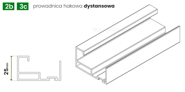 Rysunek techniczny przedstawiający profil aluminiowy elementu montażowego, którym jest prowadnica hakowa dystansowa stosowana w systemach moskitier dachowych. Na grafice widoczne są dwa ujęcia komponentu: po lewej stronie znajduje się precyzyjny przekrój poprzeczny profilu, natomiast po prawej rzut izometryczny ukazujący fragment szyny w perspektywie. Przekrój poprzeczny detalu ujawnia złożoną geometrię wewnętrzną z wyraźnie zaznaczonymi komorami wzmacniającymi oraz specjalistycznymi wgłębieniami i wypustkami ułatwiającymi montaż siatki lub mechanizmu jezdnego. Wysokość całkowita profilu została oznaczona pionową linią pomocniczą z wymiarem wynoszącym 25 mm. Rzut izometryczny prezentuje wzdłużną strukturę prowadnicy o gładkiej powierzchni, uwydatniając krawędzie oraz kanały montażowe biegnące wzdłuż całego elementu. W lewym górnym rogu umieszczono oznaczenia katalogowe 2b oraz 3c wpisane w zielone kwadraty, a obok nich znajduje się nazwa produktu zapisana czarną czcionką z wyróżnionym pogrubieniem słowem dystansowa. Całość wykonana jest w formie czarnego rysunku liniowego na białym, jednolitym tle, co podkreśla techniczny i informacyjny charakter dokumentacji produktu.