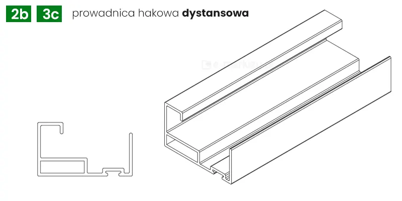 Rysunek techniczny przedstawiający profil aluminiowy elementu montażowego, którym jest prowadnica hakowa dystansowa stosowana w systemach moskitier dachowych. Na grafice widoczne są dwa ujęcia komponentu: po lewej stronie znajduje się precyzyjny przekrój poprzeczny profilu, natomiast po prawej rzut izometryczny ukazujący fragment szyny w perspektywie. Przekrój poprzeczny detalu ujawnia złożoną geometrię wewnętrzną z wyraźnie zaznaczonymi komorami wzmacniającymi oraz specjalistycznymi wgłębieniami i wypustkami ułatwiającymi montaż siatki lub mechanizmu jezdnego. Wysokość całkowita profilu została oznaczona pionową linią pomocniczą z wymiarem wynoszącym 25 mm. Rzut izometryczny prezentuje wzdłużną strukturę prowadnicy o gładkiej powierzchni, uwydatniając krawędzie oraz kanały montażowe biegnące wzdłuż całego elementu. W lewym górnym rogu umieszczono oznaczenia katalogowe 2b oraz 3c wpisane w zielone kwadraty, a obok nich znajduje się nazwa produktu zapisana czarną czcionką z wyróżnionym pogrubieniem słowem dystansowa. Całość wykonana jest w formie czarnego rysunku liniowego na białym, jednolitym tle, co podkreśla techniczny i informacyjny charakter dokumentacji produktu.